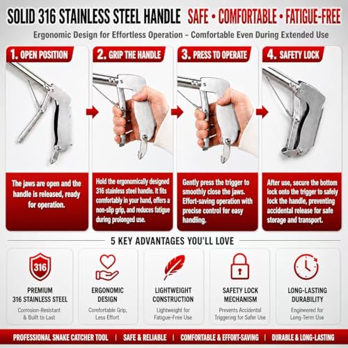 60" Snake Grabber, Collapsible Snake Tongs All-Stainless Steel, Humane Rattle Snake Reptile Catcher Pincher, Smooth Wide Jaw Hangling Tool with Lock - size: 60" snake grabber