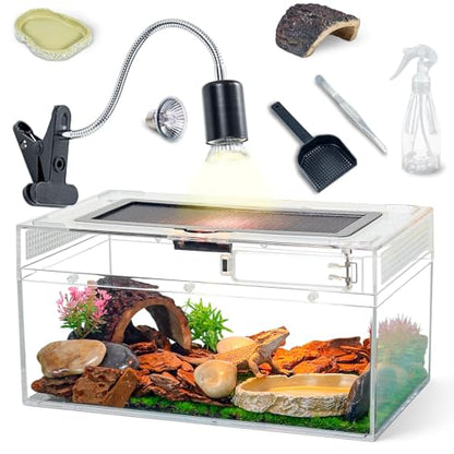 12.5''×6''×7'' Reptile Tank Kit with Heat Lamp, Spray Bottle, Shovel, Tweezers, Food Bowl, Hideout -Perfect for Geckos, Snakes, Lizards, Turtles, Jumping Spider,Milk Frog,Hermit Crabs