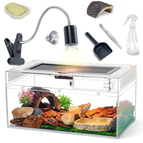12.5''×6''×7'' Reptile Tank Kit with Heat Lamp, Spray Bottle, Shovel, Tweezers, Food Bowl, Hideout -Perfect for Geckos, Snakes, Lizards, Turtles, Jumping Spider,Milk Frog,Hermit Crabs