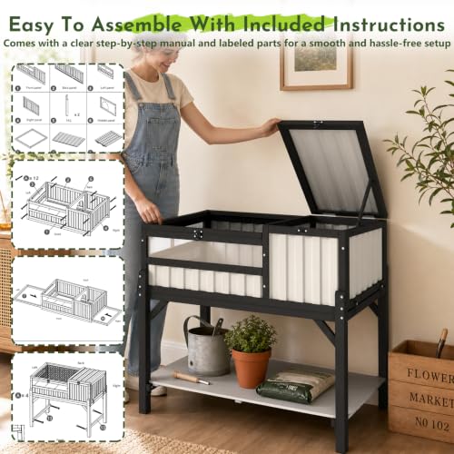 Large Tortoise Habitat with Storage Shelf, Wooden & Plastic Tortoise Enclosure with Adjustable Lamp Stand, Viewing Window, Pull-Out Tray, 2-Room Indoor Outdoor Reptile Turtle House - size: 39.0"L x 22.8"W x 33.0"H