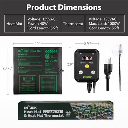 BN-LINK Seedling Heat Mat Heating Pad 20" x 20.75" with Digital Thermostat Controller Combo Set Waterproof for Indoor Seed Starting and Plant Germination - size: 20" x 20.75" & Thermostat