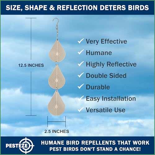 PESTEZE USA Premium Bird Deterrent Wind Spinner Set – 3-Piece Stainless Steel Reflective Water Droplet Design to Deter Birds & Prevent Nesting Around Porch, Garden & Outdoor Areas [2.6 × 15.5 in]