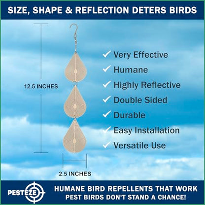 PESTEZE USA Premium Bird Deterrent Wind Spinner Set – 3-Piece Stainless Steel Reflective Water Droplet Design to Deter Birds & Prevent Nesting Around Porch, Garden & Outdoor Areas [2.6 × 15.5 in]