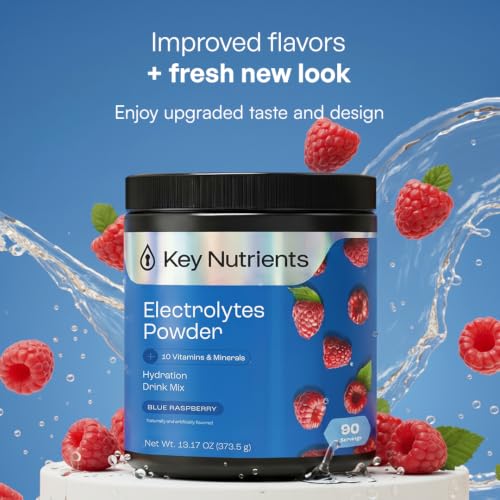KEY NUTRIENTS Multivitamin Electrolytes Powder No Sugar - Sweet Blue Raspberry Electrolyte Powder - Endurance & Energy Supplement - Hydration Powder - No Calories - 90 Servings - Made in USA