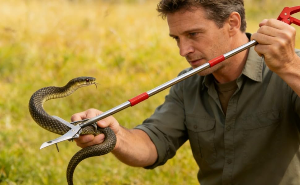 Snake Grabber Tool, 50 in / 127 cm Extra Long Folding Stainless Steel Tongs with Four-Toothed Jaws, Includes Gloves and Bag for Safe Handling
