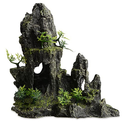 Saim Large Aquarium Mountain View Stone 11.02" Tall Resin Cave Ornament – Betta Hideout with Artificial Plants, for Cichlids Goldfish, Multi-Cave Aquascape Fish Tank Accessories