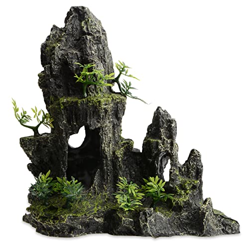 Saim Large Aquarium Mountain View Stone 11.02" Tall Resin Cave Ornament – Betta Hideout with Artificial Plants, for Cichlids Goldfish, Multi-Cave Aquascape Fish Tank Accessories