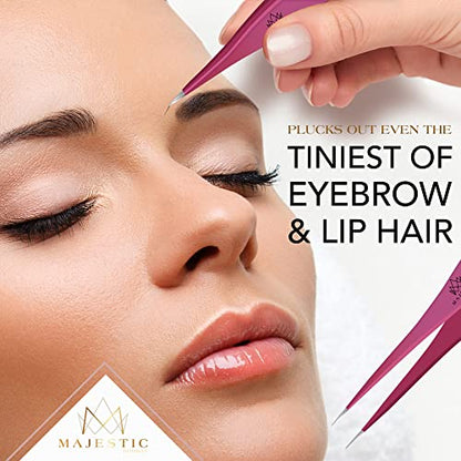 Majestic Bombay Fine Point Tweezers for Women and Men – Splinter Ticks, Facial, Brow and Ingrown Hair Removal–Sharp, Needle Nose, Surgical Tweezers Precision Pluckers best tweezers for chin hair - color: Pink