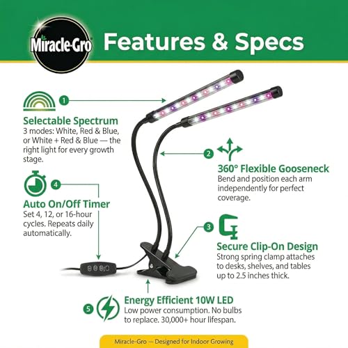 Miracle-Gro, Grow Light for Indoor Plants - 10W LED, Flexible 2-Head, Selectable Spectrum for Indoor Plants, Seeds, Herbs, Flowers, Plug-in Anywhere for Any Plant
