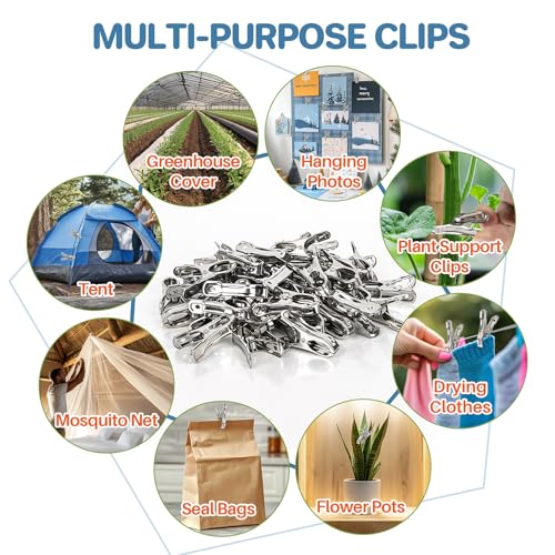 RAINFLOW 50 PCS Garden Clips - Stainless Steel Greenhouse Clamps,Grip Strong Heavy Duty Metal Greenhouse Supplies,Garden Clips for Netting, Hoops,Shade Cloth,Plant Cover