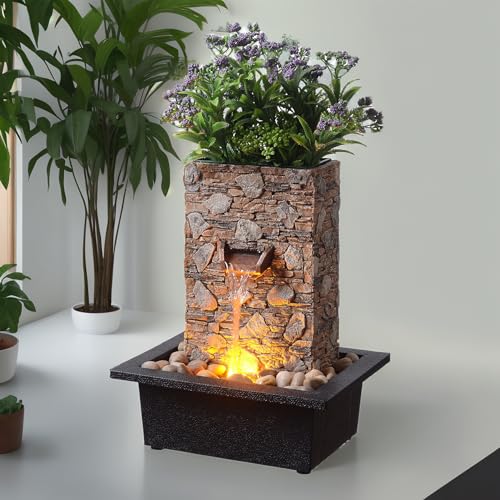 Kalona Tabletop Waterfall Fountain, Zen Fountain for Home Office Decor with LED Lights, Relaxing Indoor Water Feature with Realistic Stone Look for Meditation(23111) - color: Brown