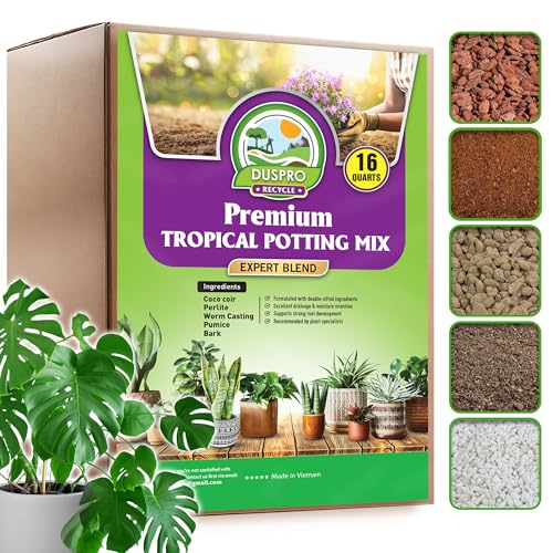 DUSPRO Tropical Potting Mix Pre-Mixed 5in1 with Pine Bark, Coco Coir, Perlite, Worm Casting & Pumice Ideal Aroid Mix Soil for Monstera, Pothos, Philodendron, Other Indoor HousePlants 16QRT - size: 16 Quarts