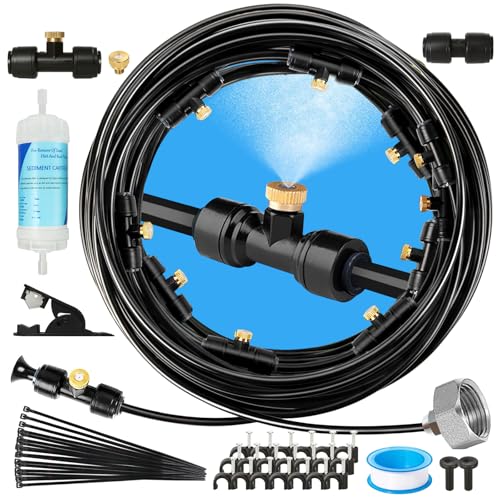 Misters for Outside Patio, Garden Misting System for Cooling Outdoor | 50FT Misting Line,17 Mist Nozzles,Water Filter,Brass Adapter(3/4"), Outdoor Misters for Patio, Garden and Greenhouse - size: 50FT
