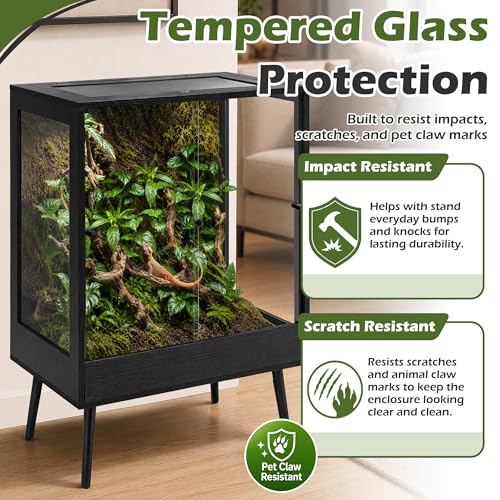 PROLEE 32" x 18" x 36" Tall Reptile Terrarium with Leg Stand, 90 Gallon Vertical Glass Chameleon Cage with Front Opening Doors, Ventilated Mesh Top, Rainforest Habitat for Arboreal Reptiles, Black