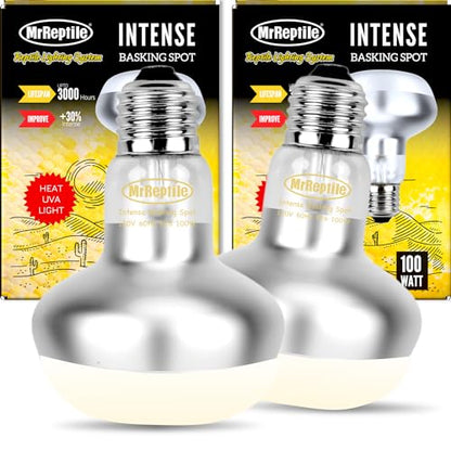 MRREPTILE Reptile Heat Lamp, 2-Pack 100W Intense Spot, Bearded Dragon & Lizard Basking Light, Simulated Midday Sun for Reptiles & Chickens - size: 100W Intense Basking Spot