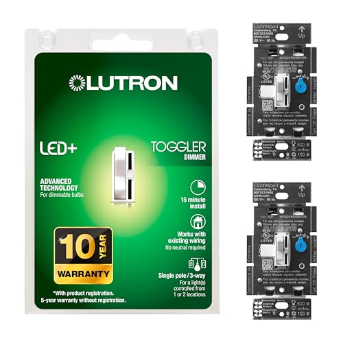 Lutron Toggler LED+ Dimmer Switch for Dimmable LED, Halogen and Incandescent Bulbs, 150 Watt, Single-Pole or 3-Way, TGCL-153PH-2-WH, White, 2 Pack - color: White, size: 2 Pack
