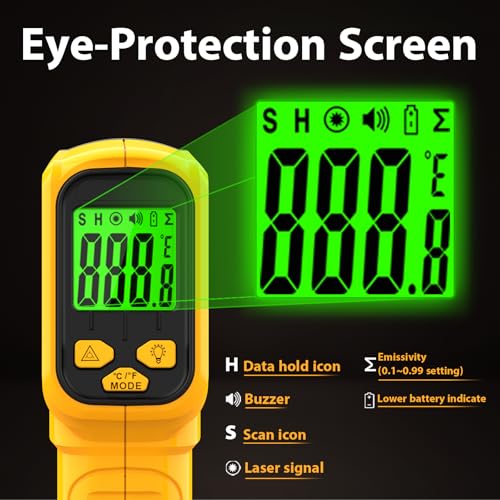 FKM Infrared Thermometer Gun Non-Contact Laser Temperature Gun,-58°F~986°F,AdjustableEmissivity,Digital IR Thermometer Gun for Cooking,Griddle,Pizza Oven,BBQ,HVAC,Automotive,Industrial,Not for Human - color: Yellow