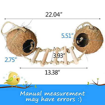 Bird Hides Coconut Nest with Wood Ladder,Syrian Hamster Cage Hanging Natural Coco Shell Hut Hide Toy with Wooden Bridge,Hollow Hideaway Toys for Small Animal Rat Lovebird Finches - size: 1PCS 22.04x13.38in