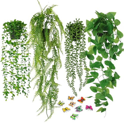 Fake Plants 4 Pack Artificial Hanging Plants, Fake Potted Greenery Faux Eucalyptus, Boston Fern, String of Pearls, Pothos for Living Room Bedroom Boho Wall Shelf Indoor Outdoor Decor