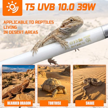 4 Pack T5 UVB Reptile Light Bulb, 34 Inch 39W 10.0, UVA UVB Fluorescent Tube T5 Reptile Light for Bearded Dragon