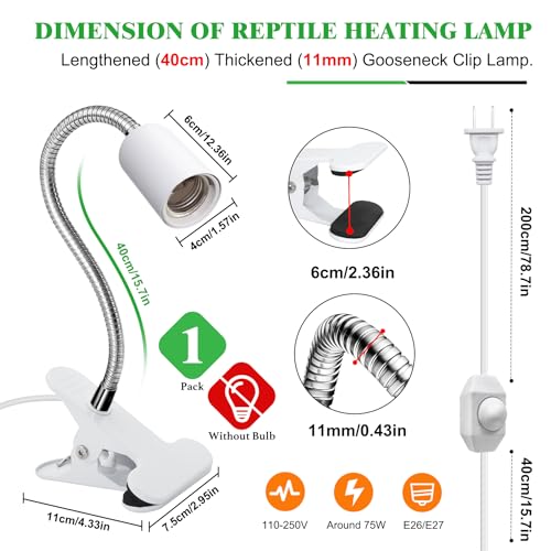 Reptile Heat Lamp,Tortoise Heat Lamp with 40CM Lengthened Gooseneck,Grow Light for Plant,Chick Basking Lighting,E27 Ceramic Lamp Holder,Clamp Light with Dimmable Switch,Metal Clip,for Lizards,No Bulb - color: Heat Lamp-white-1pc