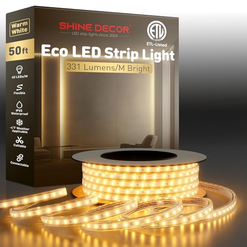 Shine Decor LED Strip Light Easy Connectable, 2800K Warm White Cold Resist Weatherproof Plug-in for Indoor Outdoor, 101 LM/FT Dimmable Bright Eco Rope Lighting 50FT, 120V Whole Set ETL Listed - color: Warm White, size: 50 Ft