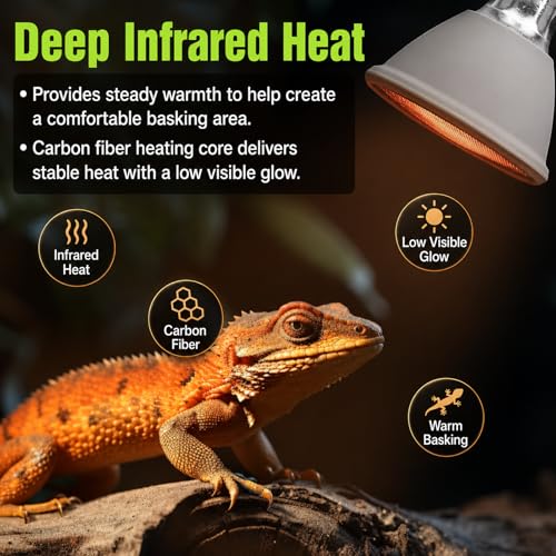 Deep Heat Projector for Reptiles 75W, Carbon Fiber Infrared Heat Lamp Bulb, Virtually No Visible Light Basking Heater for Bearded Dragon, Turtle, Gecko, Snake