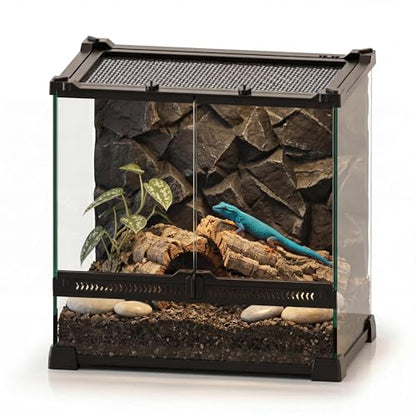 12"x8"x12" Reptile Terrarium, Double-Door Glass Arboreal Vivarium for Small Climbing Lizards Such as Juvenile Agamas, with Lock, Cable Port & Waterproof Deep Base Below Front Doors