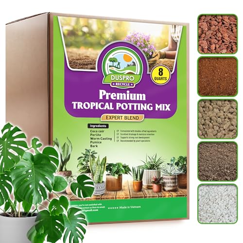 DUSPRO Tropical Potting Mix Pre-Mixed 5in1 with Pine Bark, Coco Coir, Perlite, Worm Casting & Pumice Ideal Aroid Mix Soil for Monstera, Pothos, Philodendron, Other Indoor HousePlants 8QRT - size: 8 Quarts