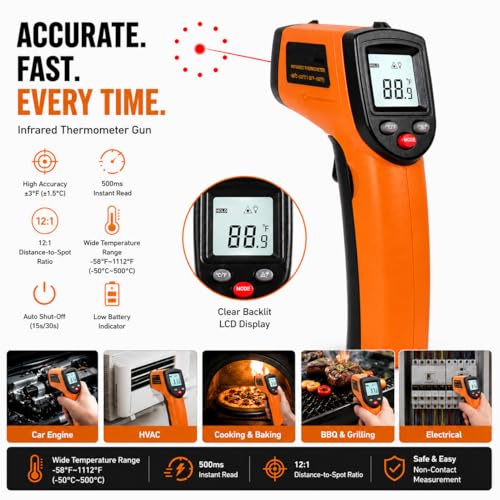 Digital Infrared Thermometer Gun -58°F to 1112°F, Non Contact Infrared Thermometer Laser Temperature Gun for Cooking, BBQ, Pizza Oven, Griddle, HVAC,Instant-Read with Backlit Display (Not for Human)