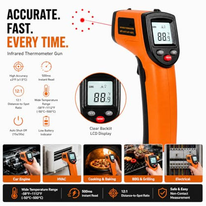 Digital Infrared Thermometer Gun -58°F to 1112°F, Non Contact Infrared Thermometer Laser Temperature Gun for Cooking, BBQ, Pizza Oven, Griddle, HVAC,Instant-Read with Backlit Display (Not for Human)