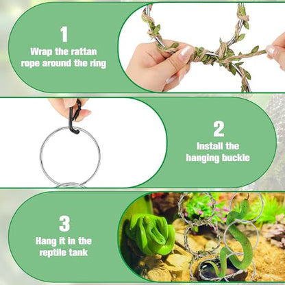 Catcan Snake Enrichment Rings for Ball Python, Snake Climbing Accessories Include Climbing Hoop Chain with Hanging Buckle and 5m Artificial Rattan Rope