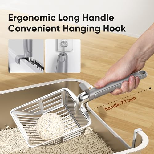 Metal Cat Litter Scoop, Large Cat Scooper with Deep Shovel & Dual Sifting Holes for Fast & Precise Sifting, Space Aluminum Kitty Litter Scooper with Long Handle & Easy-to-Hang Hook - Grey - color: Grey