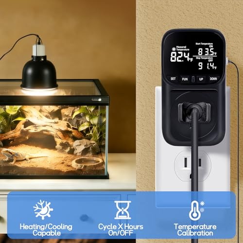 1800W Digital Thermostat for Reptile Tank, -40℉~210℉, Plug in Thermostat for Heater/Greenhouse with 5m/2m Cable, 15A Temperature Controlled Outlet with VA Display, Temp ±0.1°F, Black - style: Plug in-Black