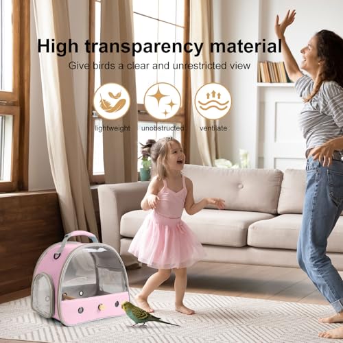 Bird Carrier, Portable Small Bird Parrot Parakeet Carrier with Standing Perch and Stainless Steel Tray, Side Access Window Collapsible (Pink, Clear Windows) - color: Pink