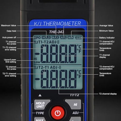 Thermocouple Thermometer HVAC Temperature Meter, Digital Temperature Thermometer with 2 Temperature Clamp & 2 Wired Thermocouple Probes, Dual Channel with Alarm & ADJ Compensation (-328~2500℉ Range)