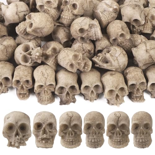 Vellibring 50pcs Halloween Mini Skull Decoration,Miniature Realistic Resin Skeleton Head Halloween Skull Heads Figurine for Vase Filler Trick Toy Party Table Decor