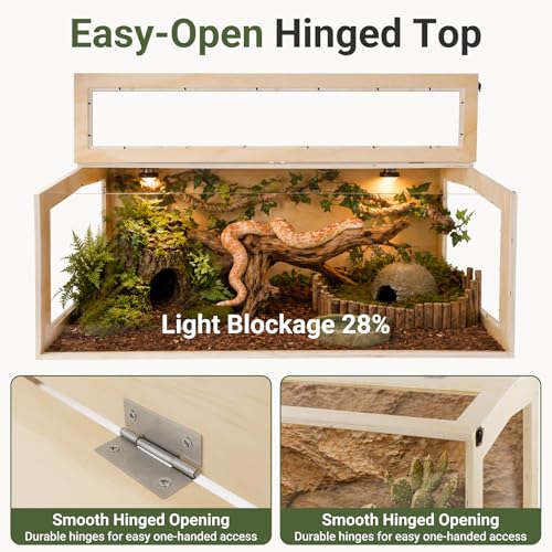 80 Gallon Bearded Dragon Tank with Locking Doors 48x20x20 Inch Reptile Enclosure Anti-Scratch Acrylic Front Metal Mesh Top Oak Wood Terrarium for Bearded Dragons Snakes Iguanas Chameleons