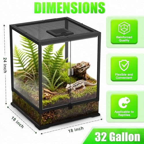 18’’18’’24’’ Reptile Terrarium with Full View Tempered Glass, 32 Gallon Reptile Habitat Comes with Feeding Port and Mesh Top Vent, Suitable for Reptiles Such as Lizard, Gecko and Snake - size: 18"W X 18"D X 24"H(32 Gallon)