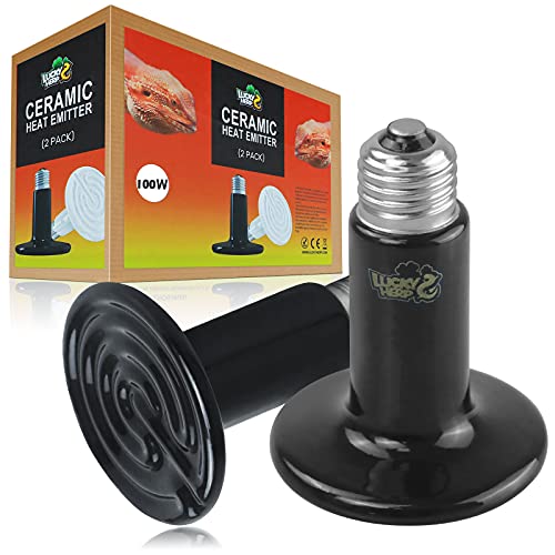 LUCKY HERP 100W Ceramic Heat Emitter, Reptile Heat Bulbs, Ceramic Heat Lamp for Reptiles, Amphibian, Chicken, Dog, Cat (2-Pack) - size: 100