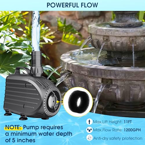 NFESOLAR Ultra Quiet Submersible Water Pump 1200GPH Size 6.7Lx4.3Wx4.7H in | 100W Pond Pump with Dry Burning Protection, 10ft Cord, 11ft High Lift for Fountains, Waterfall, Hydroponics, Aquariums KF208 - size: 1200GPH