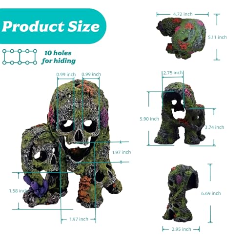 Betta Fish Tank Decorations Hideout - Triple Skull Hiding Cave for Aquarium, Resin Ornament with Artificial Moss Texture and Multiple Entrances for Shrimp, Small Fish - 7.3x4.9x6.1inch