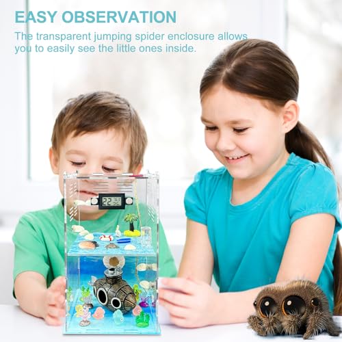Jumping Spider Enclosure,DIY Insects Habitat,Small Reptile Terrarium Glass House Accessories Set,with Temperature and Humidity Detector Water Feeder Platform Hide,5.5“x5.5”x9.5“ (Ocean) - color: Ocean
