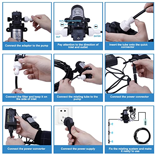 Fogland Pump Misting System: Outdoor Misting System 49ft Misting Cooling System with 16pcs 0.016" Orifice Thread Stainless Steel Misting Nozzle for Patio Garden Backyard - size: 0.016" Orifice/49FT with 12V Pump