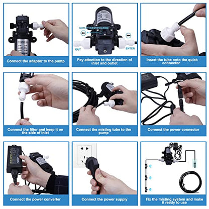 Fogland Pump Misting System: Outdoor Misting System 49ft Misting Cooling System with 16pcs 0.016" Orifice Thread Stainless Steel Misting Nozzle for Patio Garden Backyard - size: 0.016" Orifice/49FT with 12V Pump