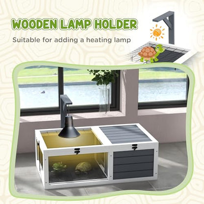 Tortoise Habitat, Wooden Tortoise House, Indoor Outdoor Tortoise Enclosure with Lamp Holder, Pull-out Waterproof Trays, Openable Lids, Gray