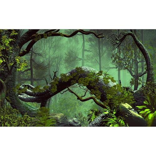 Forest Aquarium Background Jungle Plants Lush Green Trees Reptile Habitat Background Foggy Rainforest Natural Landscape Fish Tank Background Misty Rainforest Terrarium Background Vinyl 24x12in - color: Dark Green, size: 24(W)x12(H)in
