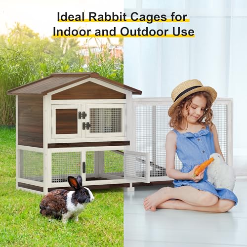 Rabbit Hutch Indoor Bunny Cage Outdoor Bunny House Wooden 60" Large Guinea Pig Cages with 3 Pull Out Trays & 4 Access Doors