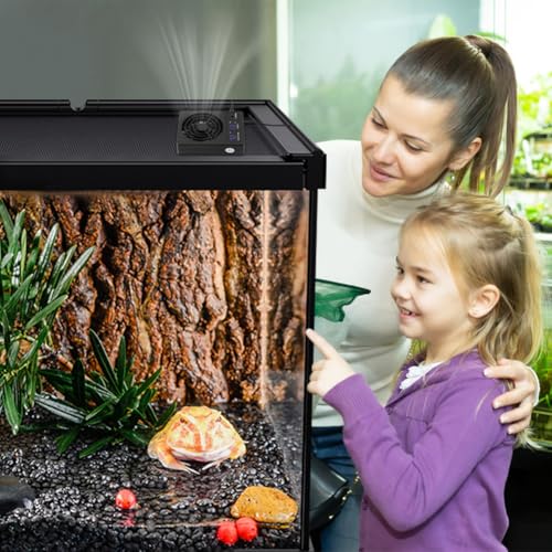Reptile Ventilation Fan, Auto Temperature/Thermometer Control LED Digital Humidity Gauge, °C/°F Switchable Dehumidifier for Reptile Tank, Rainforest, Ecological Pet Rearing Box (Automatic Humidity)
