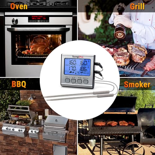 TempPro TP17 Dual Probe Digital Cooking Meat Thermometer Large LCD Backlight Food Grill Thermometer with Timer Mode for Smoker Kitchen Oven BBQ, Silver (Previously ThermoPro) - size: 2-probes